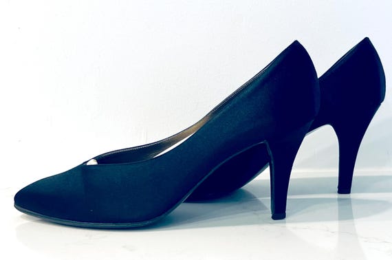 Saint Laurent, Vintage C1980s Yves Saint Laurent YSL Black Satin High Heel Shoes Pumps, In Original Box, Size 8 1/2 M