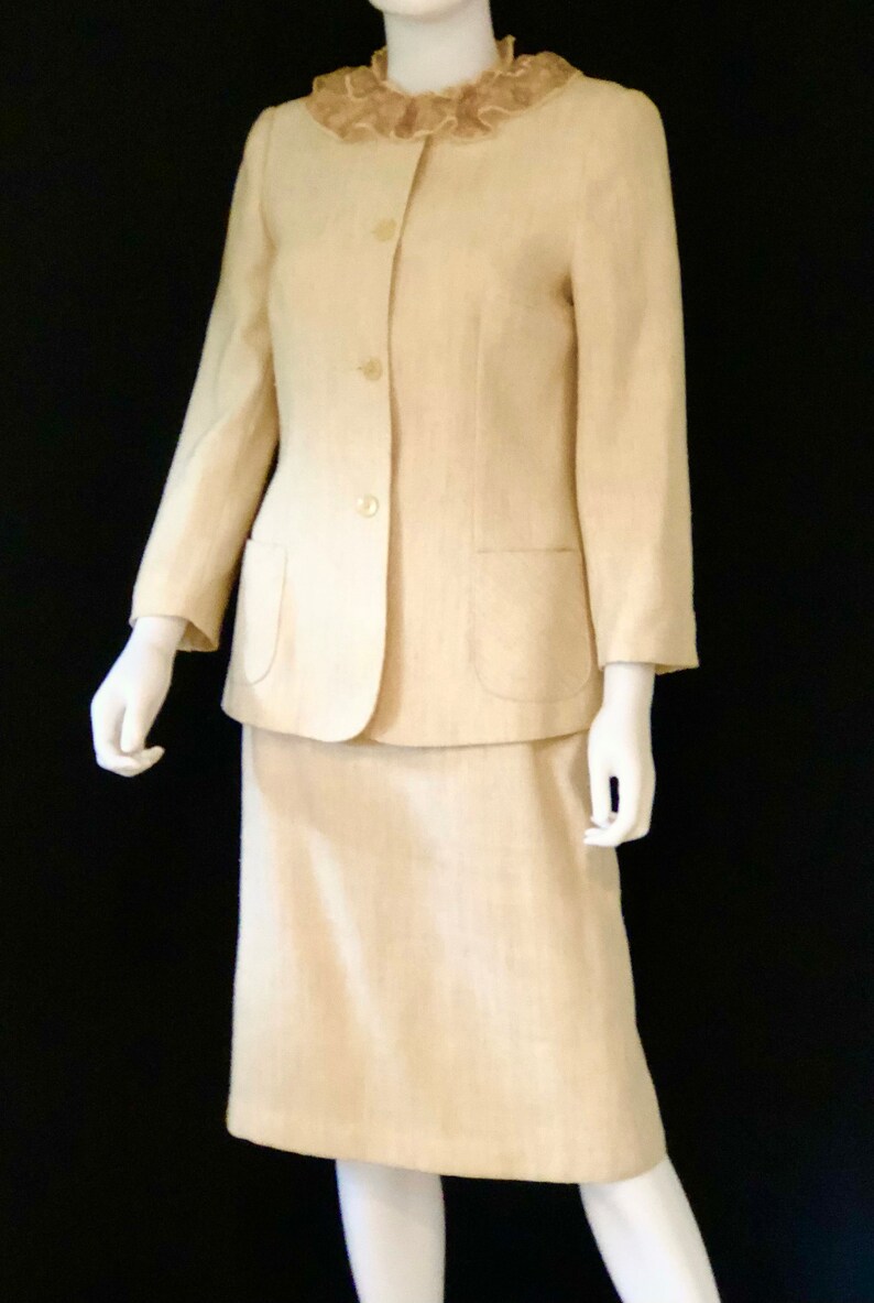 Vintage 1980s Louis Ferrara, Cream Ivory, Classic Skirt Suit Jacket & Blouse, Size 10 image 1