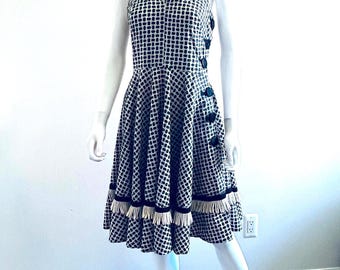 Vintage C1950s Black & White Halter V Neck Sleeveless Dress, With Full Skirt And Fringes, M