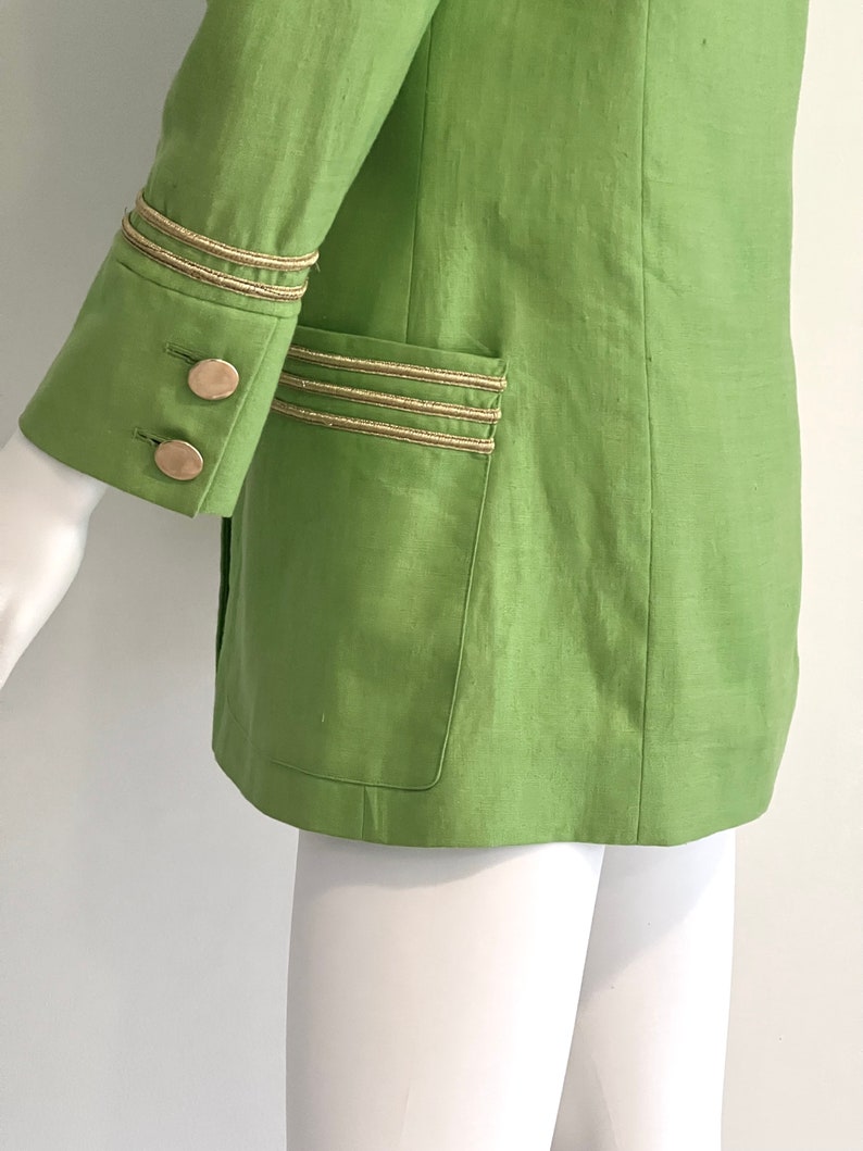 Vintage C1980s Lillie Rubin Exclusive 100% Linen, Lime Green Blazer Jacket With Gold Braiding Trim, 4 image 7