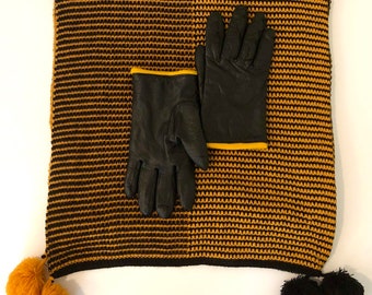 Women's Vintage Black Leather Gloves With Contrasting Yellow Orange Trim, Size Large
