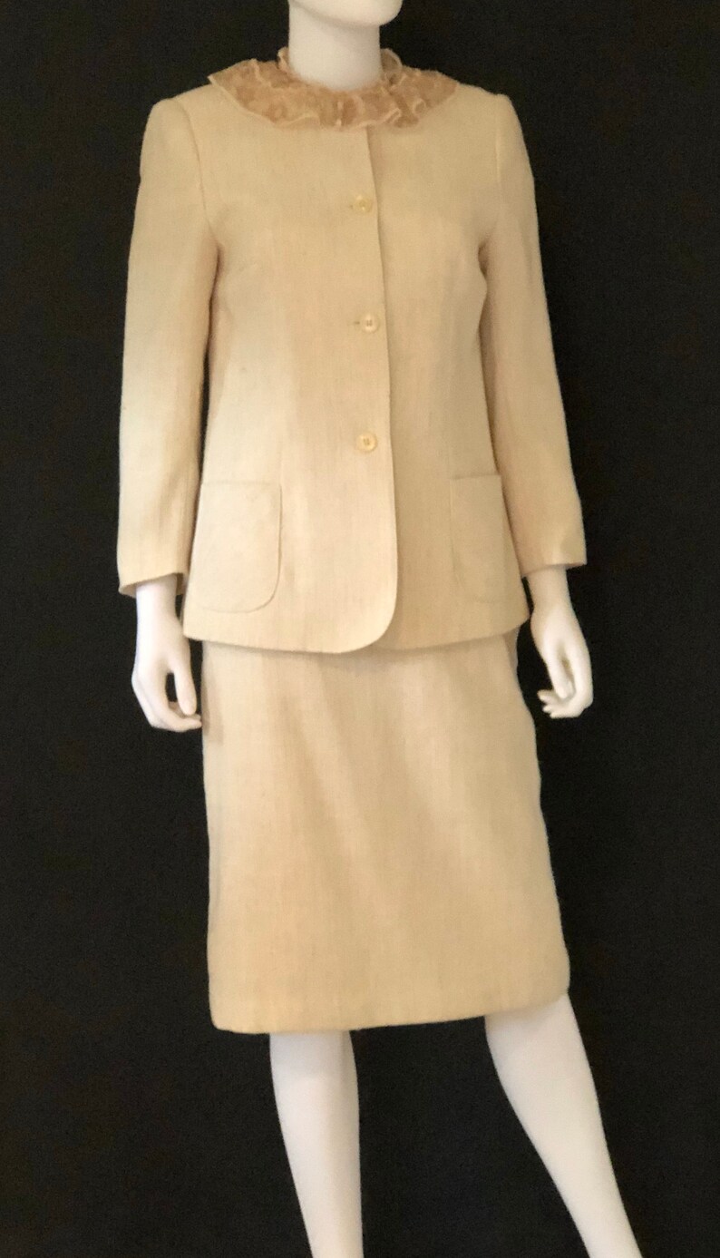 Vintage 1980s Louis Ferrara, Cream Ivory, Classic Skirt Suit Jacket & Blouse, Size 10 image 3