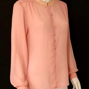 Vintage 1980s Peach, Light Orange, Coral, Long Sleeve Feminine Victorian Blouse Top With Lace Collar, M/L image 2