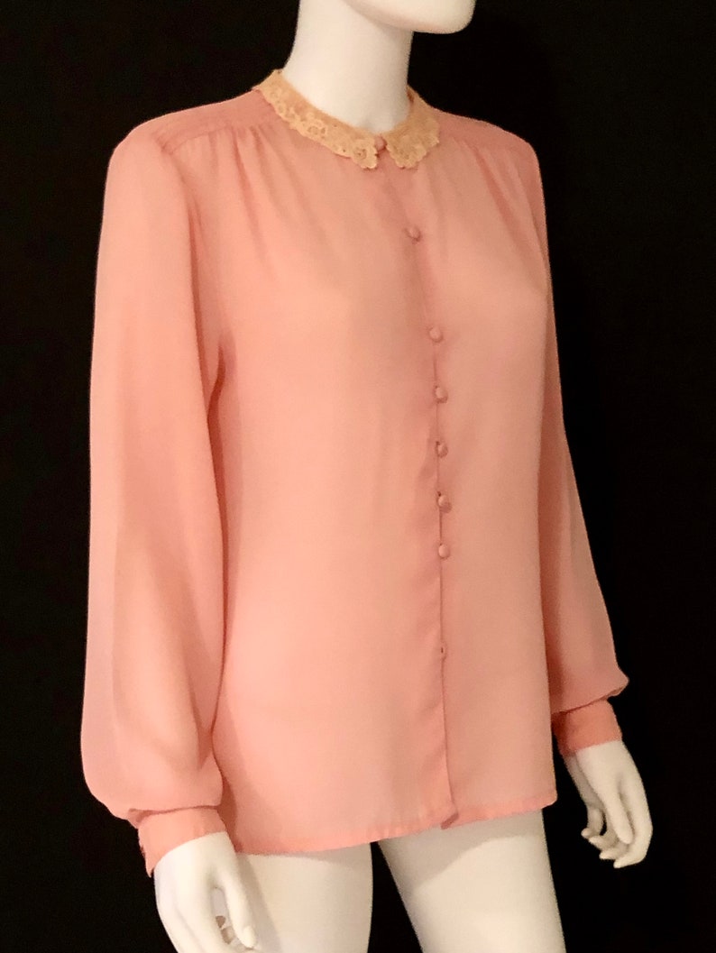 Vintage 1980s Peach, Light Orange, Coral, Long Sleeve Feminine Victorian Blouse Top With Lace Collar, M/L image 2