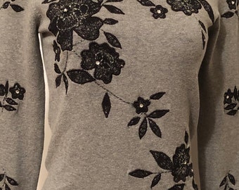 Retro C1960s Jane Doe Collection Gray Black Floral Sweater, Top, with Embroidery, Rhinestones & Beads, M