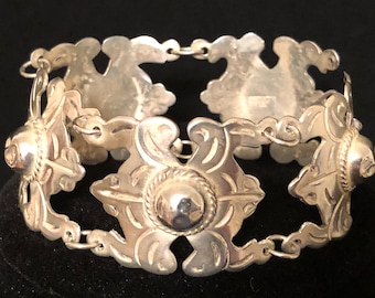Vintage c1930s Mexico Tribal Solid Silver Open Panel Link Bracelet Jewelry, 49.6 g