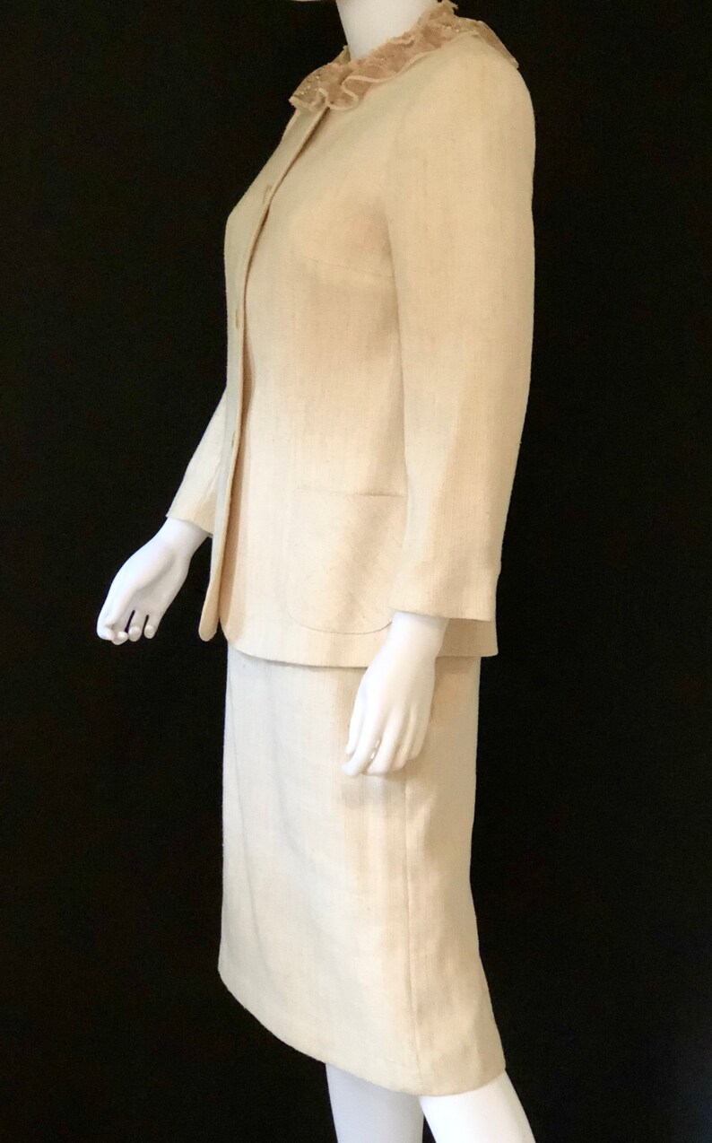 Vintage 1980s Louis Ferrara, Cream Ivory, Classic Skirt Suit Jacket & Blouse, Size 10 image 5