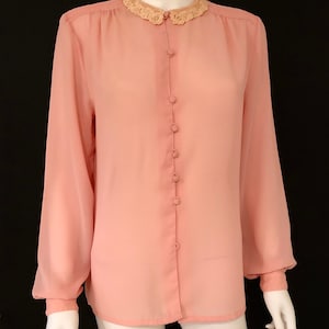 Vintage 1980s Peach, Light Orange, Coral, Long Sleeve Feminine Victorian Blouse Top With Lace Collar, M/L image 1