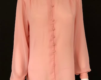 Vintage 1980s Peach, Light Orange, Coral, Long Sleeve Feminine Victorian Blouse Top With Lace Collar, M/L