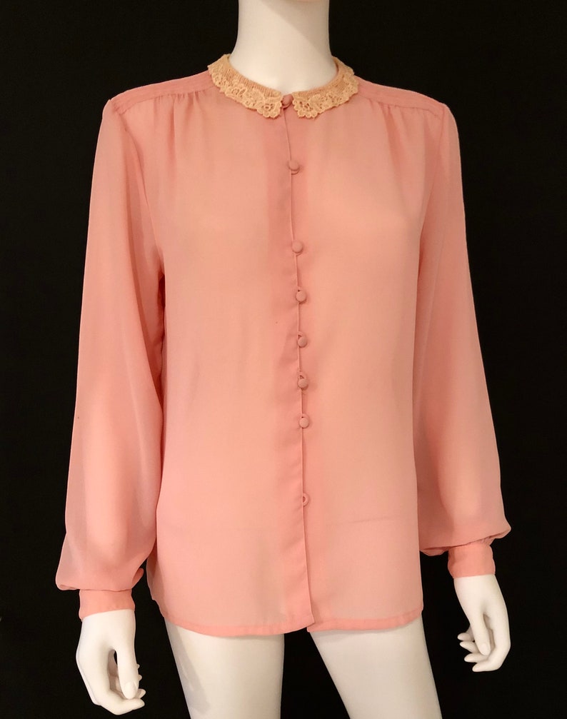 Vintage 1980s Peach, Light Orange, Coral, Long Sleeve Feminine Victorian Blouse Top With Lace Collar, M/L image 1