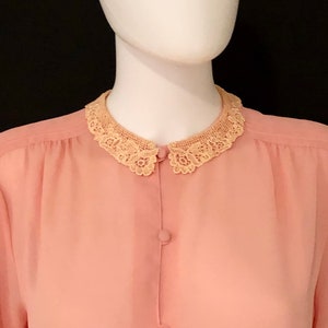 Vintage 1980s Peach, Light Orange, Coral, Long Sleeve Feminine Victorian Blouse Top With Lace Collar, M/L image 4