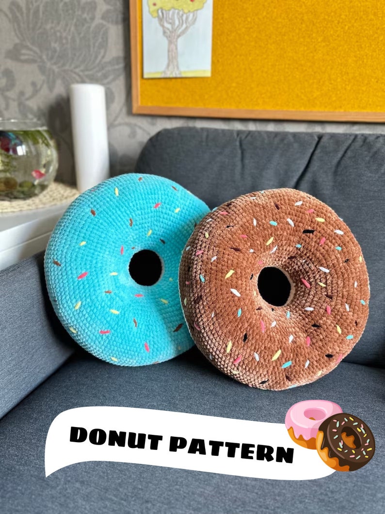 Donut pillows in PDF download, big donut pillows made of crochet, and pillows for home décor zdjęcie 1