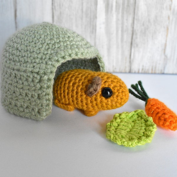 Crochet Guinea Pig Playset with Green House, Animal Playset for Kids