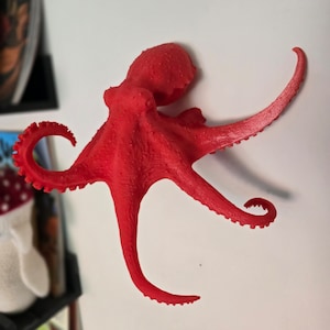 May include: A bright red octopus figurine with eight tentacles. The octopus is made of a smooth, textured material and has a realistic appearance.