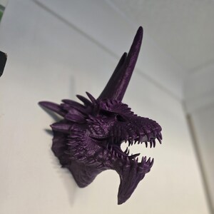 May include: A purple 3D printed dragon head wall mount with a detailed, textured design. The dragon has a large, open mouth with sharp teeth and a long, pointed horn.