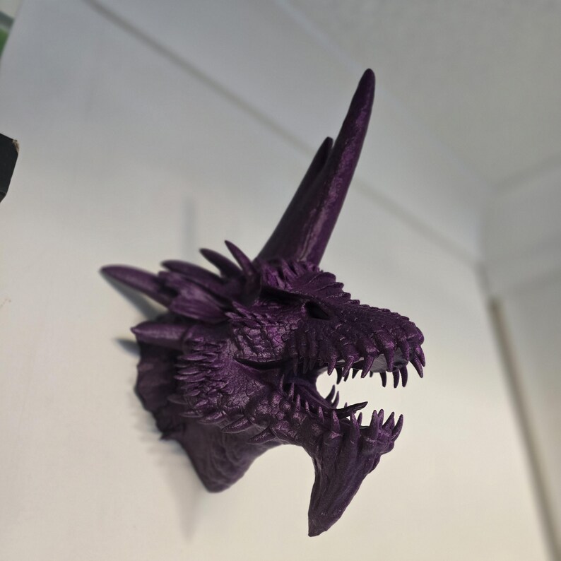 May include: A purple 3D printed dragon head wall mount with a detailed, textured design. The dragon has a large, open mouth with sharp teeth and a long, pointed horn.