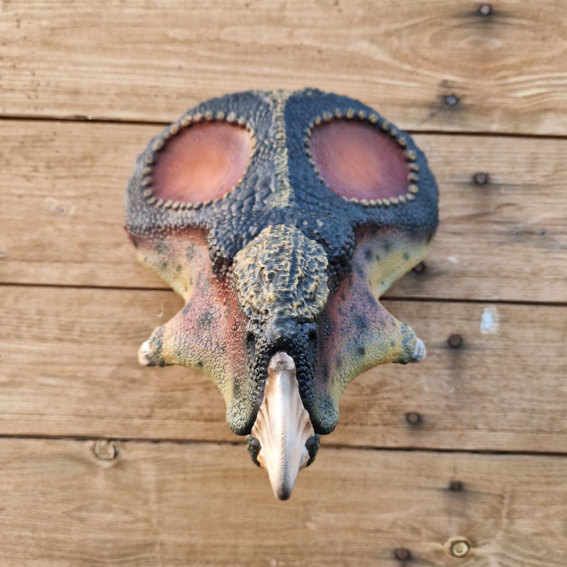 Protoceratops Head painted Dinosaur Wall Art 3D Printed Home Decor Wall mount hand painted Custom colours available image 3
