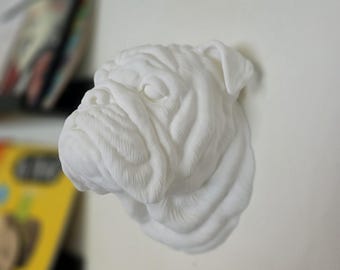 May include: White ceramic bulldog head sculpture. The sculpture is detailed with wrinkles and fur. It is mounted on a white wall.