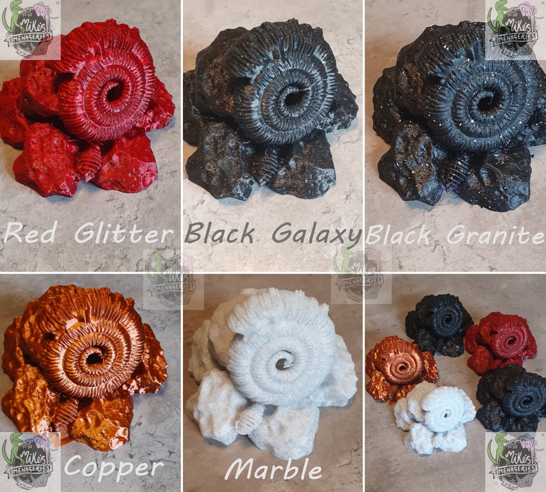 Peut inclure: Dix r&eacute;pliques de fossiles d'ammonites de diff&eacute;rentes couleurs. Les couleurs comprennent le rouge paillet&eacute;, le noir galaxie, le noir granite, le cuivre, le marbre, le blanc, le noir, le rouge et l'orange. Les ammonites sont toutes de la m&ecirc;me taille et de la m&ecirc;me forme, et elles sont toutes pos&eacute;es sur un fond blanc.