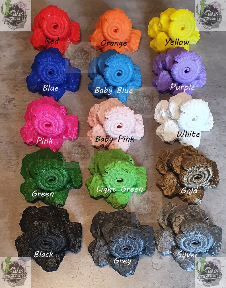 Peut inclure: Une collection de 12 roches en r&eacute;sine en forme d'ammonite de diff&eacute;rentes couleurs, notamment rouge, orange, jaune, bleu, bleu clair, violet, rose, rose p&acirc;le, blanc, vert, vert clair, or, noir, gris et argent.