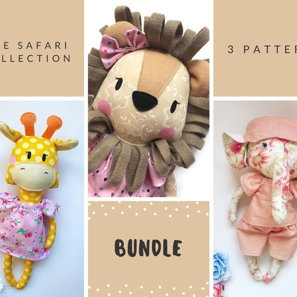 Animal Sewing Doll Patterns ~ Safari Sewing Bundle ~ Giraffe Pattern ~ Elephant Pattern ~ Lion Pattern ~ Doll Making