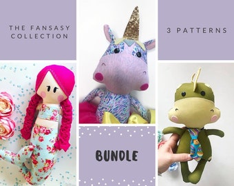 Fantasy Doll Sewing Patterns ~  Pattern Bundle ~ Mermaid Doll Pattern ~ Dinosaur Doll Pattern ~ Unicorn Doll Pattern ~ Doll Making