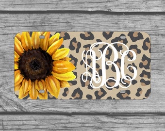 Car Accessories,Sunflower Personalized Plate and Frame,Leopard License Plate Sunflower Leopard License Plate Custom Tag,Coasters Key chain