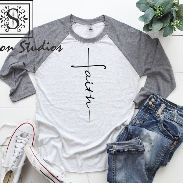 Faith Shirt , Jesus Raglan, Unisex, Christian Shirt, Jesus Shirt, Vertical Cross, Jesus Cross, Religious Shirt Church, Love,Grace, Faith