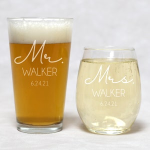 MR & MRS Wine Glass, Mr and Mrs beer Glass, Set(2) of custom engraved Wine,Beer Set. Anniversary Gift