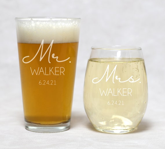 MR & MRS Wine Glass, Mr and Mrs beer Glass, Set(2) of custom engraved Wine,Beer Set. Anniversary Gift