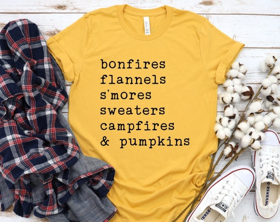 Bonfires Flannels S'mores Sweaters Campfires And Pumpkins | Fall shirts | Cute fall Tee | Cute Fall Shirts | Cute Thanksgiving Shirt
