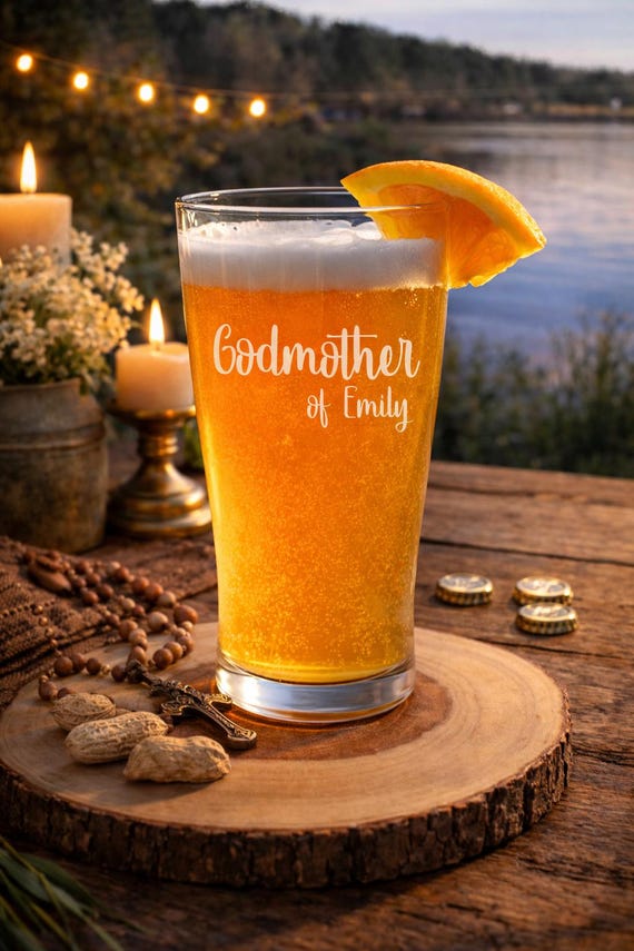 Personalized Godmother Pint Glass, Elegant Baptism Gift