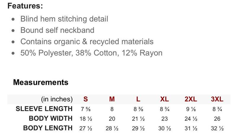May include: Size chart for a shirt with measurements in inches for sleeve length, body width, and body length. Sizes include S, M, L, XL, 2XL, and 3XL.