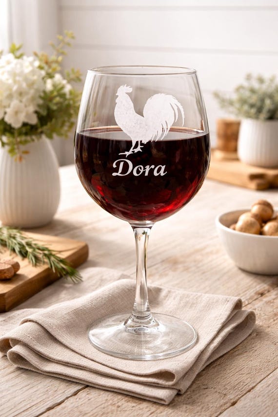 Personalized Rooster Wine Glass, Farmhouse Kitchen Gift, Etched 12oz