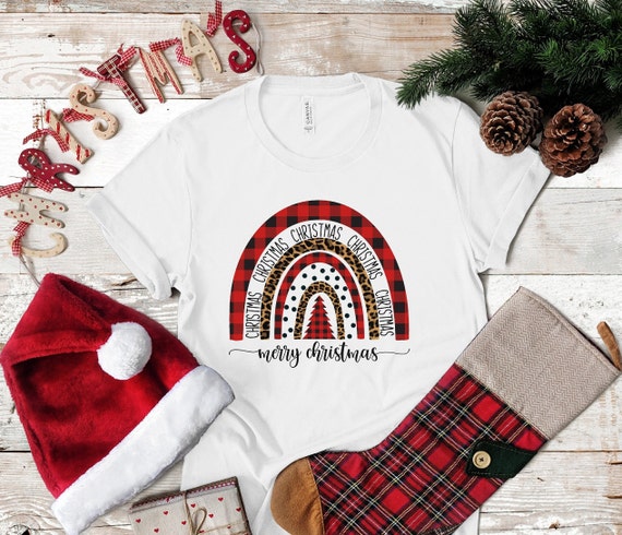 Leopard Christmas Rainbow | Merry Christmas Shirt | Buffalo Plaid Leopard Print Christmas Tee |  Unisex Size | Free shipping