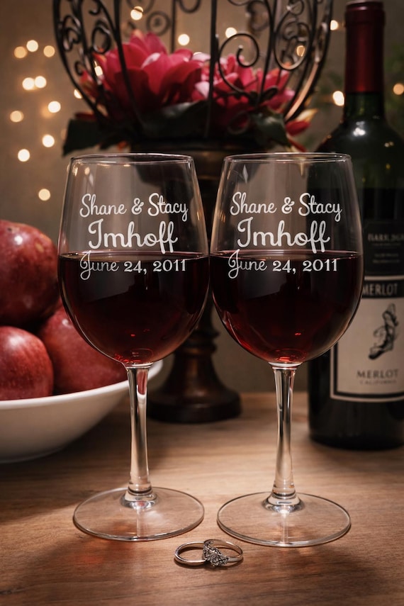 Personalized Wedding Wine Glass Set, Engraved Mr & Mrs Anniversary Gift