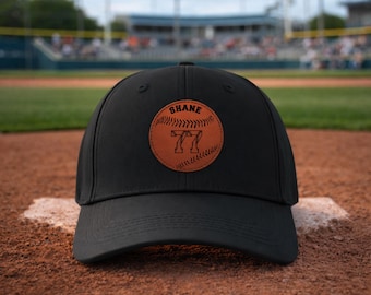 Personalized Leather Patch Baseball Cap, Custom Name & Number, Handmade