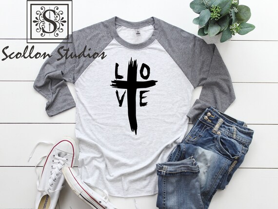 Love Cross Shirt, Faith Shirt , Jesus Raglan, Unisex, Christian Shirt, Jesus Shirt, Vertical Cross, Jesus Cross, , Love,Grace, Faith