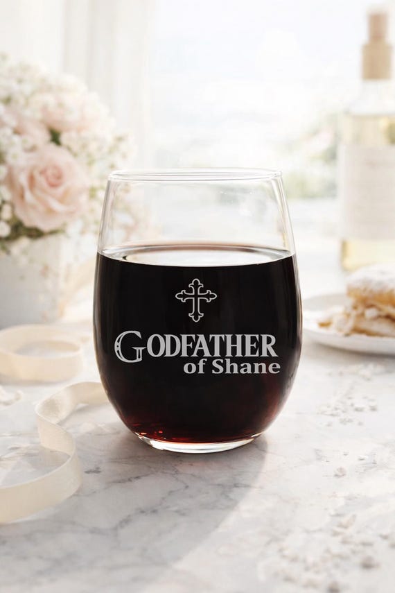 Personalized Godfather Wine Glass with Cross, Baptism or Christening Gift