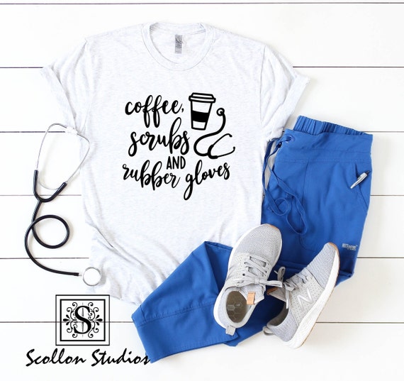Coffee Scrubs and Rubber Gloves Nurse Shirt  , Unisex Jersey Short Sleeve T, Shirt , Nurse Tee , Nurse T,shirt , Unisex Shirt ,  RN Shirt ,