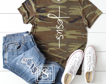 Jesus Camo T-Shirt, Christian Faith, Vertical Cross