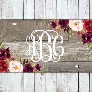 floral rustic wood License Plate | Boho Car Tag | Personalized Car Tag | Monogram Front Plate | Personalized Plate | Aluminum License Plate