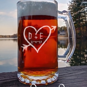 Valentines Beer Mug , Valentines Gift, Valentines Day Gift for him , Carved names, Personalized Gift, Initial Beer Glass, Anniversary Gift