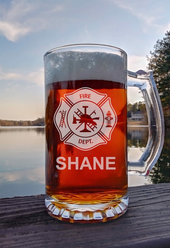 Fireman Glass, Firefighter Beer Mug , Maltese Cross, Personalized Beer Mug, Gifts for Firefighters, Fire Department