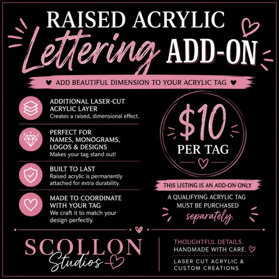 Raised Acrylic Lettering Add-On | 3D Layered Upgrade for Custom Laser Cut Acrylic Tags