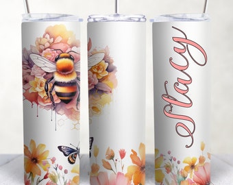 Personalized Bee Tumbler | Floral Stainless Steel 20oz Travel Mug