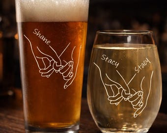 Personalized Pinky Promise Glass Set, Custom Engraved Beer & Wine Glasses, Wedding Gift