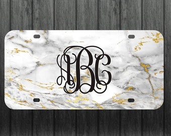 Monogram Marble Car Tag | Gold Foil Personalized License Plate
