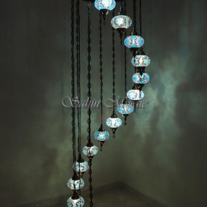 15 Ball Turkish  Mosaic Chandelier, Large Globes, Light Blue