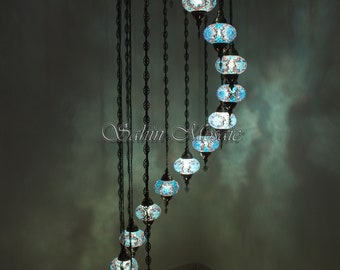 15 Ball Turkish  Mosaic Chandelier, Large Globes, Light Blue